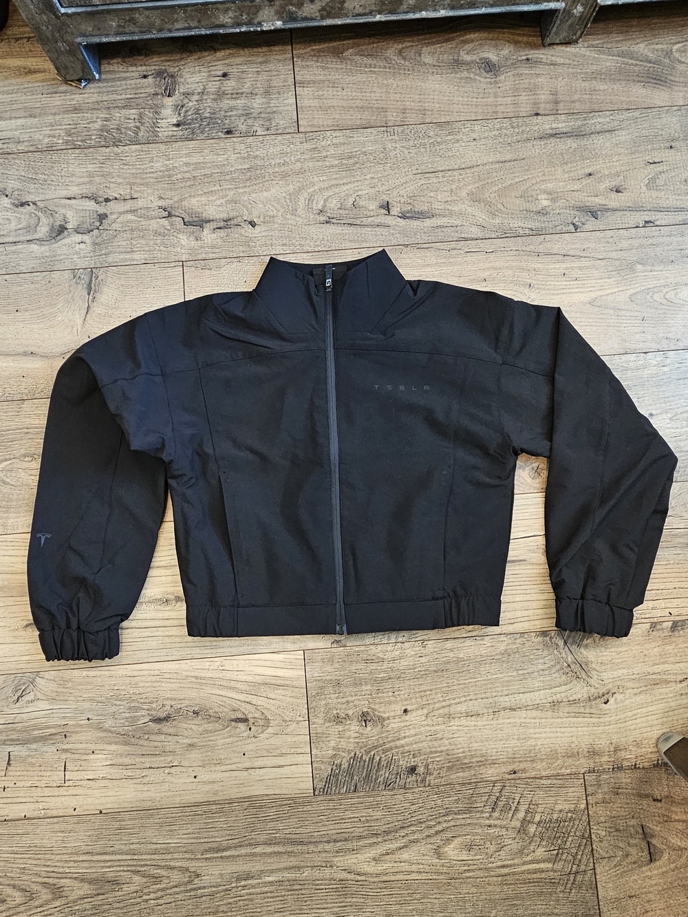 Tesla Black Cropped Bomber Jacket with Zip Front